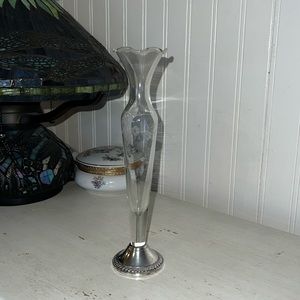 Vintage Sterling Silver etched glass bud vase 10”